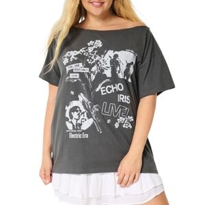 Hollister Gray Echo Iris Live Graphic T-Shirt Tee Oversized Off-Shoulder Size M